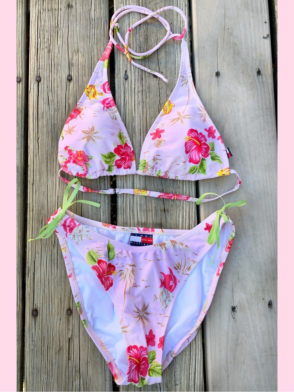 Vintage Y2K Tommy Hilfiger Pink Floral Tie Bikini with Green Accents